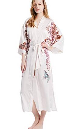 Prettystern Damen Boden-lang reine Seide Satin Seidenmantel Kimono Morgenmantel Nachtkleid Yukata Robe hellrosa Schmetterling Blauregen L13 von Prettystern