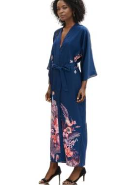 Prettystern Damen Bodenlang 100% Seide Satin Seidenmantel Kimono Morgenmantel Nachtkleid Yukata Robe Dunkel-blau Garten L06 von Prettystern