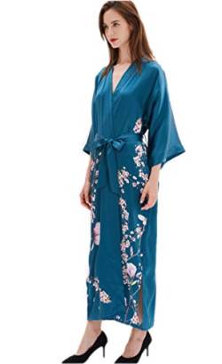 Prettystern Damen Bodenlang 100% Seide Satin Seidenmantel Kimono Morgenmantel Nachtkleid Yukata Robe Petrol-blau Sakura L04 von Prettystern