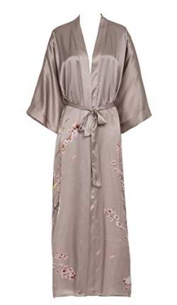 Prettystern Damen Bodenlang 100% Seide Satin Seidenmantel Kimono Morgenmantel Nachtkleid Yukata Robe Taupe braun-grau Sakura L03 von Prettystern