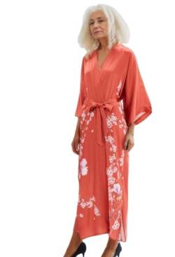 Prettystern Damen Bodenlang 100% Seide Satin Seidenmantel Kimono SeidenMorgenmantel Nachtkleid Yukata Robe Terracotta rot Sakura L02 von Prettystern