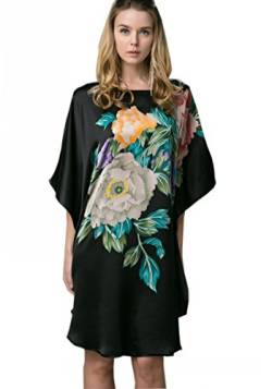 Prettystern Damen Handbemalt Seiden-Nachthemd Schlafkleid Lang Schlafhemd Reine 100% Seide Nachthemden Tunika Silk Kaftan Schwarz Pfingstrose Ybs602 von Prettystern