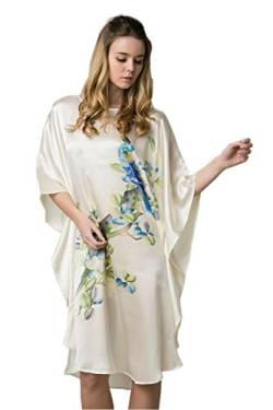 Prettystern Damen Handbemalt Seidennachthemd Schlafkleid Kaftan Schlafhemd 100% Reine Seide Nachthemd Tunika Silk Pyjama Beige Vogel Ybs012 von Prettystern