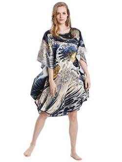 Prettystern Damen Kunst-Druck Seiden-Nachthemd Schlafkleid lang Schlafhemd Reine 100% Seide Tunika Silk blau Pyjama Japan Hokusai Große Welle YBP098 von Prettystern