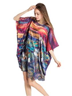 Prettystern Damen Kunst-Druck SeidenNachthemd Schlafkleid lang Schlafhemd Reine 100% Seide Nachthemden Tunika Silk Pyjama Monet Seerosen YBP von Prettystern