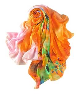 Prettystern Damen Seide Pareo leicht Chiffon Seiden-Schal Sommer bunt Strandtuch mit Floral Druck - Orange von Prettystern