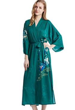 Prettystern Damen bodenlang reine 100% Seide Satin Seidenmantel Kimono Morgenmantel Nachtkleid Yukata Robe Grün Floral Druck L17 von Prettystern