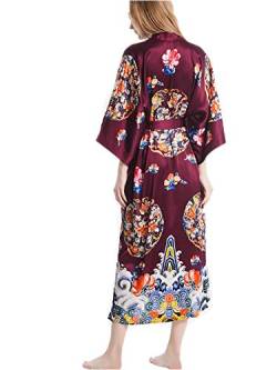 Prettystern Damen bodenlang reine 100% Seide Satin Seidenmantel Kimono Seiden-Morgenmantel Nachtkleid Yukata Robe Kreis - Burgunderrot von Prettystern