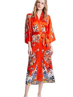 Prettystern Damen bodenlang reine Seide Satin Seidenmantel Kimono Morgenmantel Nachtkleid Yukata Robe Kreis - orange von Prettystern
