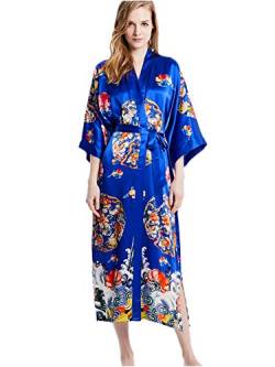 Prettystern Damen bodenlang reine Seide Satin Seidenmantel Kimono Seiden-Morgenmantel Nachtkleid Yukata Robe Kreis - Königsblau von Prettystern
