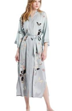 Prettystern Damen lang 100% Seide Seiden-Mantel Kimono Morgenmantel Nachtkleid Yukata Robe Blau-Grau Schmetterling L18 von Prettystern