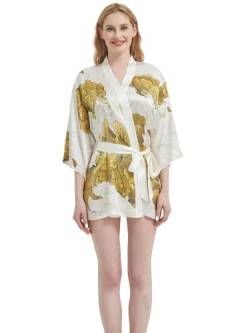 Prettystern Damen mini-Kleid kurz Seide Satin Mantel Kimono Morgenmantel Jacke Yukata Kostüm Silk Robe Blumen Golden Cremeweiß Mi05 von Prettystern