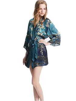 Prettystern Damen mini Kleid kurz Seide Satin Seiden-Mantel Kimono Morgenmantel Jacke Yukata Kostüm Silk Robe blau van Gogh - Mandelblüten Mi02 von Prettystern