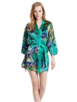 Prettystern Damen mini Kleid kurz Seide Satin Seiden-Mantel Kimono Morgenmantel Jacke Yukata Kostüm Silk Robe blau van Gogh - Schwertlilien Mi01 von Prettystern