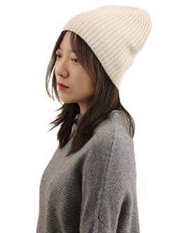 Prettystern Schwergewicht Damen Herren 100% Kaschmir-Wolle lässig Beanie RIPP-Strick Winter-Mütze Weiß von Prettystern