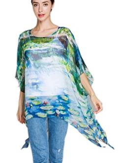 Prettystern Seide Damen Chiffon Strand-Bluse Sommer-Poncho XL Tunika Strand Bikini Überwurf Seidentunika Sommer Kimono-Bluse Monet Seerosen P20 von Prettystern