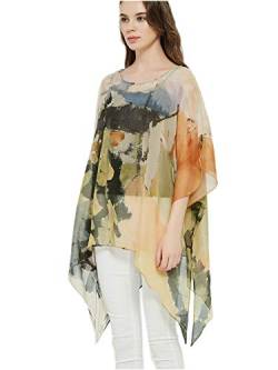 Prettystern Seide Damen Chiffon Strand-Bluse Sommer-Poncho XL Tunika Strand Überwurf Seidentunika Kimono-Bluse abstrakte Kunst orange gelb P16 von Prettystern