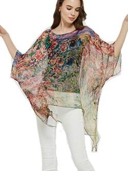 Prettystern Seide Damen Sommer-Poncho Chiffon-Überwurf Tunika Strand Überwurf Seidentunika Kimono-Bluse Claude Monet Haus unter den Rosen P10 von Prettystern