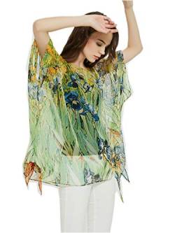 Prettystern Seide Damen Sommer-Poncho Chiffon-Überwurf Tunika Strand Überwurf leicht Seidentunika Kimono-Bluse Van Gogh Schwertlilien Iris P08 von Prettystern