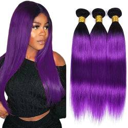 1B Purple Hair Bundles Ombre Tow Tone Human Hair Bundles straight Brazilian Remy Hair Weave Double Weft Dark Roots Hair Bundle 8 10 12 Inch von Preuvitu