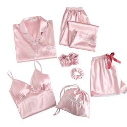 7-Teiliges Pyjama-Set Damen Nachthemd Satin Loungewear Seidenimitat Schlafanzüg von Prevently