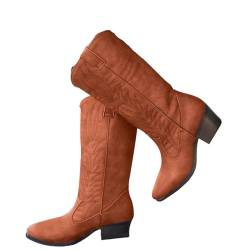 Cowboy Stiefel für Frauen: Mid Wide-Calf Lederstiefel Damen Western Mode Chunky Stickerei Pull On Stiefel (Brown, 39) von Prevently