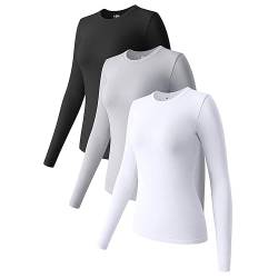 Langarmshirt Damen 3er Pack, Basic Shirt Damen Langarm Basic Tops Oberteile Slim Fit Rundhalsausschnitt von Prevently