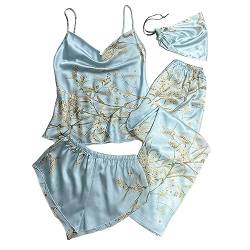 Prevently 4-teiliges Pyjama-Set Damen Unterhemd Camisole Top + Lang Pyjamahose + Pyjamashorts + Aufbewahrungsbeutel, Satin Loungewear Florales Muster (Hellblau, S) von Prevently