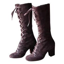 Prevently Damen Viktorianische Stiefel Mittlere Wadenstiefel Mid Heels Schnürstiefel H-exen Stiefel Goth-Stiefel (Brown, 40) von Prevently