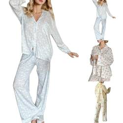 Pyjama Set Damen Schlafanzug Obst Blumen-Muster 2-Teilig Nachthemd Bequeme Hautfreundlich Nightwear Homewear (Blau, M) von Prevently