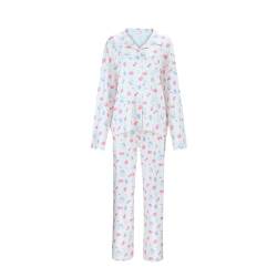 Pyjama Set Damen Schlafanzug Obst Blumen-Muster 2-Teilig Nachthemd Bequeme Hautfreundlich Nightwear Homewear (Weiß, L) von Prevently