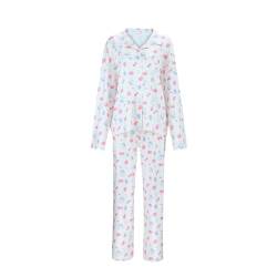 Pyjama Set Damen Schlafanzug Obst Blumen-Muster 2-Teilig Nachthemd Bequeme Hautfreundlich Nightwear Homewear (Weiß, S) von Prevently