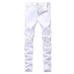 Previn Herren Ripped Jeans Stretch Distressed Destroyed Tapered Leg Skinny Demin Pants, Weiß, 42W / 32L von Previn