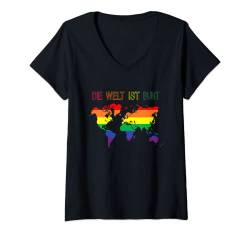 Damen Gay LGBTQ Rainbow World Regenbogen Farben Die Welt ist bunt T-Shirt mit V-Ausschnitt von Pride CSD Parade Outfit LGBT Geschenk Homo Love