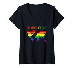 Damen Gay LGBTQ Rainbow World Regenbogen Farben Die Welt ist bunt T-Shirt mit V-Ausschnitt von Pride CSD Parade Outfit LGBT Geschenk Homo Love