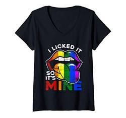 Damen Gay Regenbogen Zunge Rainbow Tongue I licked it so its mine T-Shirt mit V-Ausschnitt von Pride CSD Parade Outfit LGBT Geschenk Homo Love