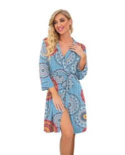 PrinStory Bademantel Damen Weich Morgenmantel Kimono V-Ausschnitt Reisebademantel Leicht Nachtwäsche Kurz Saunamantel (Blumendruck Blau Mischen, L) von PrinStory