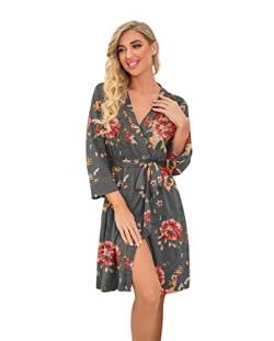 PrinStory Bademantel Damen Weich Morgenmantel Kimono V-Ausschnitt Reisebademantel Leicht Nachtwäsche Kurz Saunamantel (Blumendruck Blumen Schwarz, L) von PrinStory