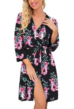 PrinStory Bademantel Damen Weich Morgenmantel Kimono V-Ausschnitt Reisebademantel Leicht Nachtwäsche Kurz Saunamantel (Blumendruck Schwarz, L) von PrinStory