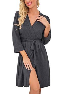 PrinStory Bademantel Damen Weich Morgenmantel Kimono V-Ausschnitt Reisebademantel Leicht Nachtwäsche Kurz Saunamantel (Dunkelgrau, L) von PrinStory