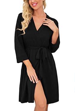 PrinStory Bademantel Damen Weich Morgenmantel Kimono V-Ausschnitt Reisebademantel Leicht Nachtwäsche Kurz Saunamantel (Schwarz, L) von PrinStory