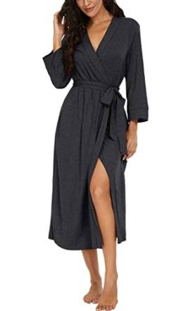 PrinStory Bademantel Damen Weich Morgenmantel Kimono V-Ausschnitt Reisebademantel Leicht Nachtwäsche Lang Saunamantel (Dunkelgrau, L) von PrinStory