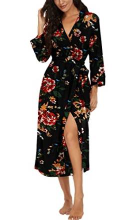 PrinStory Bademantel Damen Weich Morgenmantel Kimono V-Ausschnitt Reisebademantel Leicht Nachtwäsche Lang Saunamantel (Fp-Braun Schwarz, L) von PrinStory