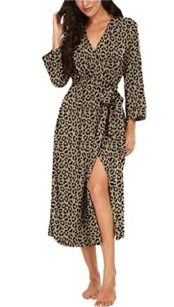 PrinStory Bademantel Damen Weich Morgenmantel Kimono V-Ausschnitt Reisebademantel Leicht Nachtwäsche Lang Saunamantel (Fp-Leopard Khaki, L) von PrinStory