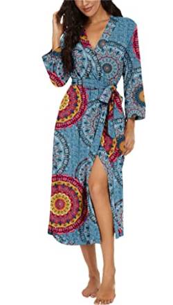 PrinStory Bademantel Damen Weich Morgenmantel Kimono V-Ausschnitt Reisebademantel Leicht Nachtwäsche Lang Saunamantel (Fp-Mix Blau, L) von PrinStory