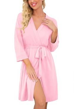 PrinStory Bademantel Für Damen Kurz Weich Robe V-Ausschnitt Morgenmantel Gestrickt Lässig Kimono-Bademantel Leicht Damen Reisebademantel (Rosa, XXL) von PrinStory