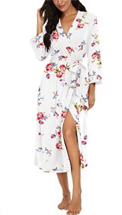 PrinStory Damen Bademantel Lang Leichter Frauen Morgenmantel V-Ausschnitt Kimono Robe Gestrickt Lässig Morgenrock (Fp-Weiß, XL) von PrinStory