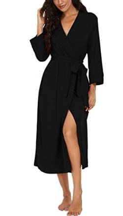 PrinStory Damen Bademantel Lang Leichter Frauen Morgenmantel V-Ausschnitt Kimono Robe Gestrickt Lässig Morgenrock (Schwarz, XL) von PrinStory