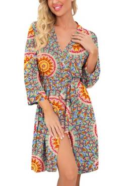 PrinStory Damen Bademantel Leichter Frauen Morgenmantel V-Ausschnitt Kimono Robe Gestrickt Lässig Morgenrock (Blumendruck Pfauenblau, XXL) von PrinStory