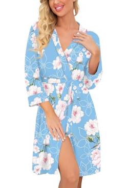 PrinStory Damen Bademantel Leichter Morgenmantel Kurz Kimono Roben Strick Nachtwäsche Lässige Morgenrock Weicher Strick Saunamantel (Blumendruck Hellblau, XXL) von PrinStory